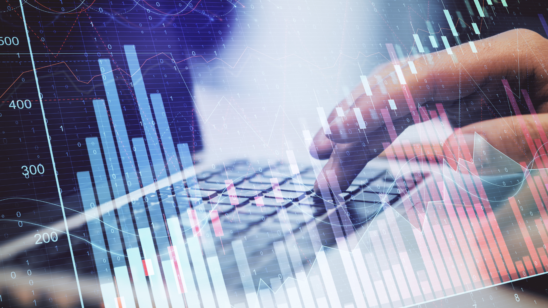 Abstract financial image of a hand typing on a keyboard overlaid with digital stock market bar graphs and data visualizations.