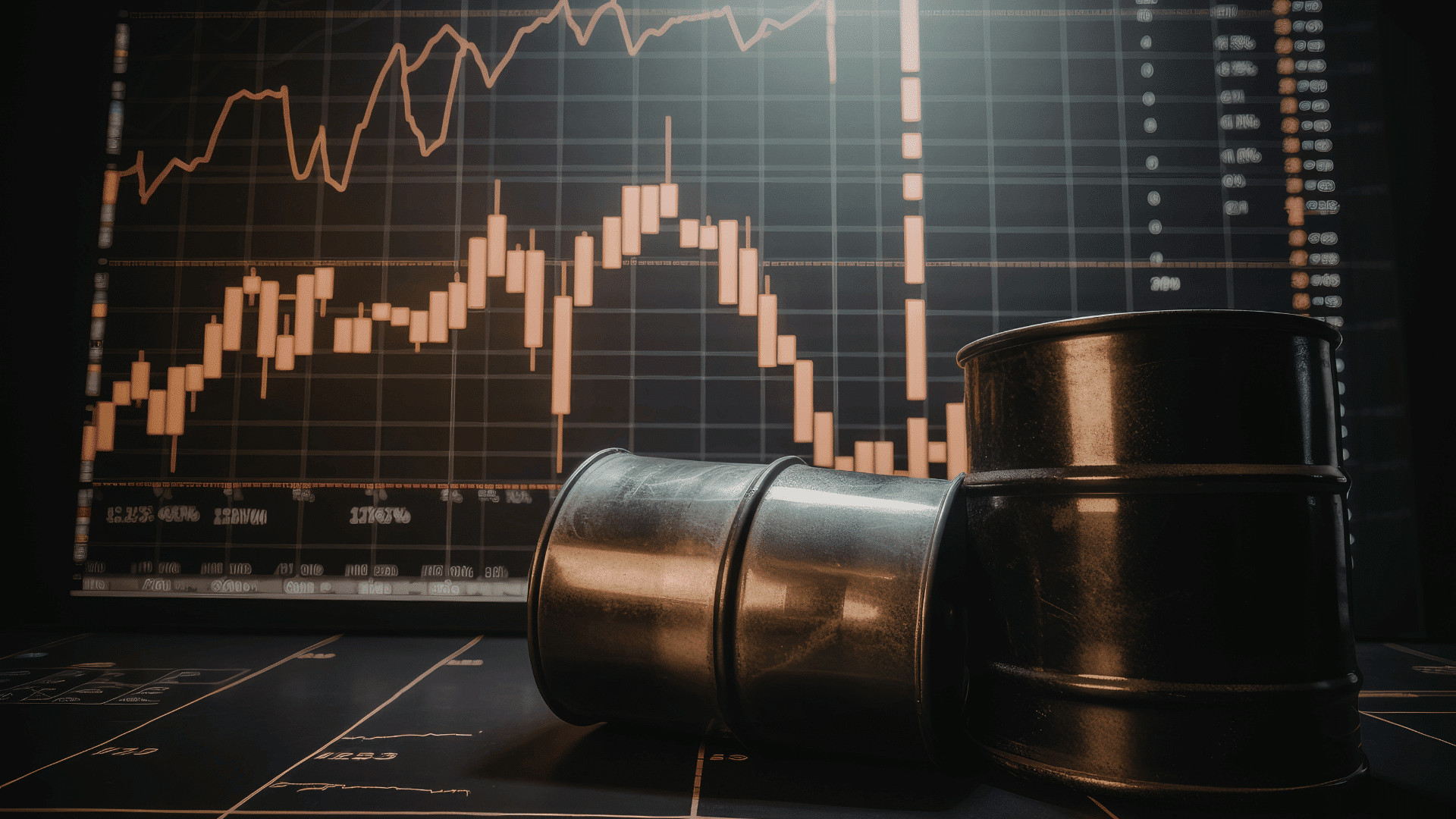 Oil barrels in front of stock market graph