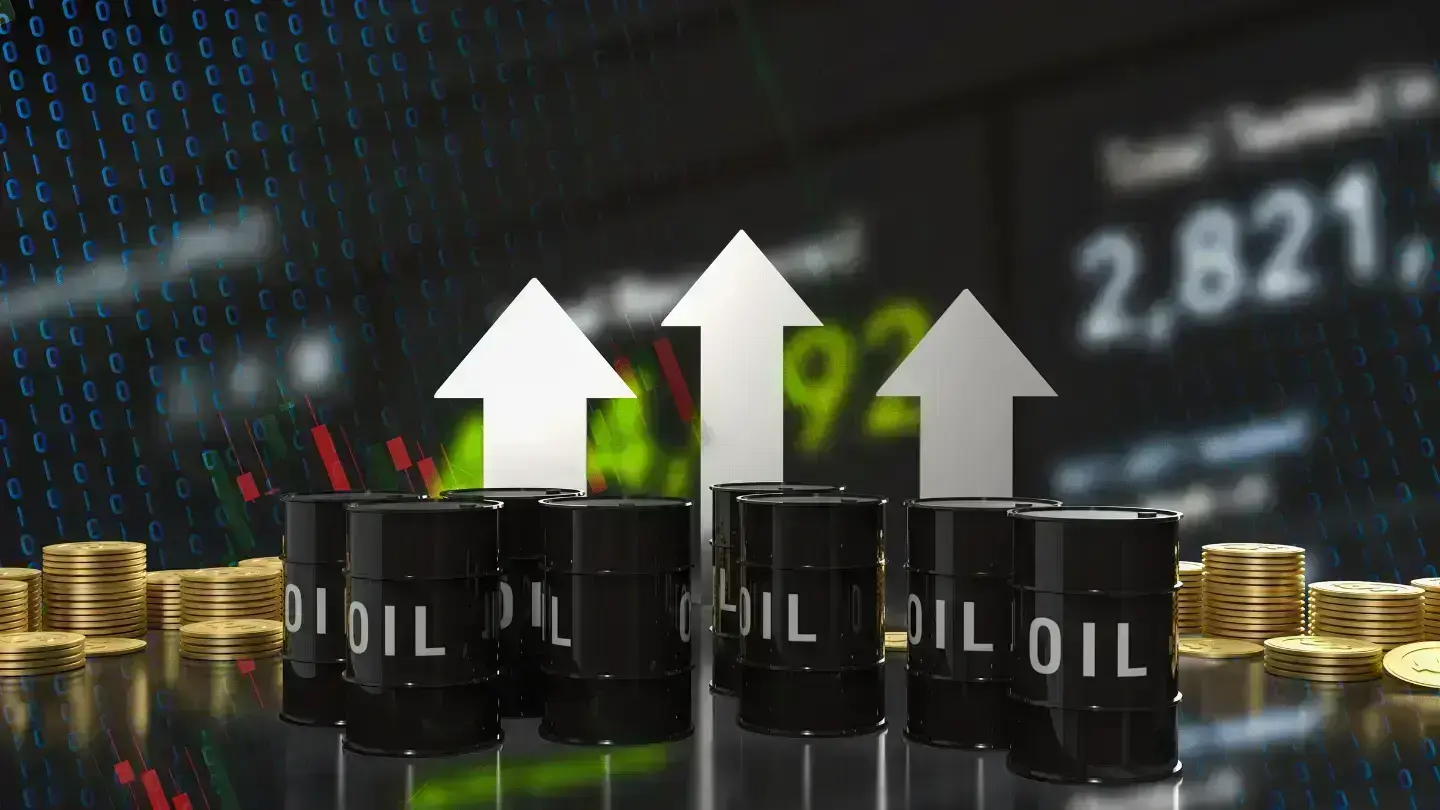 Oil barrels with upward arrows and rising market charts