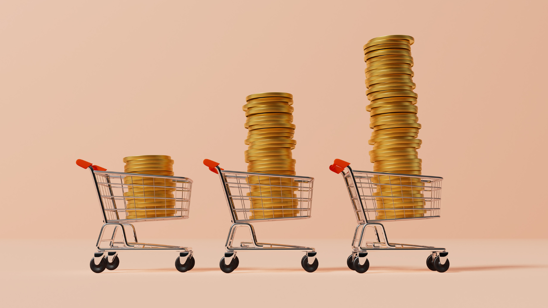 Shopping trolly with stack of gold coins. Inflation concept