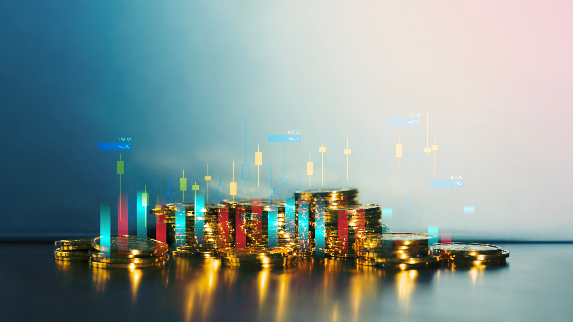 Stacks of gold coins with digital candlestick charts